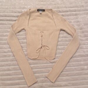 Urban Outfitters ribbed square neck cream long sleeve with tie front